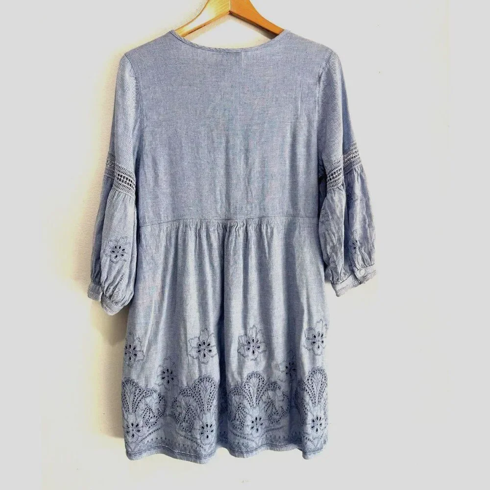Tommy Bahama dress linen blend chambray like babydoll embroidered summer women L - Picture 2 of 6